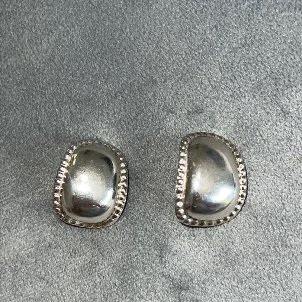 Vintage Clip-on Silver Dome Earrings with Beaded Detailing